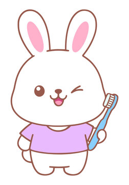 Cute cartoon bunny character holding a blue toothbrush and winking 