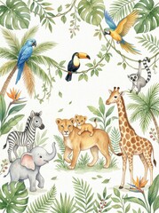 Naklejka premium Watercolor Jungle Animals Illustration with Elephant, Lion, Giraffe, Zebra, and Tropical Birds for Nursery Decor