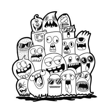 Cute Funny Monsters Doodle Group Line Art