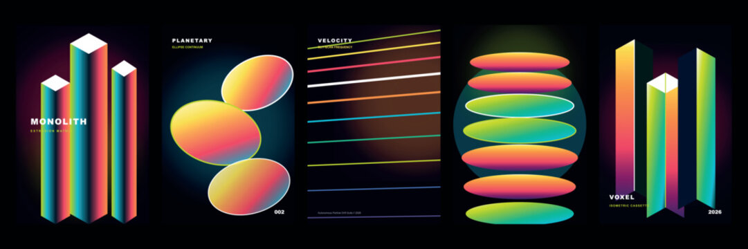 glowing neon lines abstract poster set, vibrant 3D gradient sphere cover layout, futuristic dark synthwave flyer design, modern colorful geometric banner template, digital retro wave music event poste