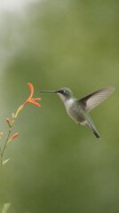 Fototapeta premium A hummingbird hovers mid-air near an orange flower against a soft green background.