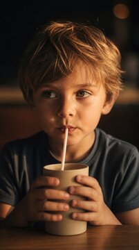A young boy with tousled hair thoughtfully drinks from a cup using a straw in a dimly lit setting.
