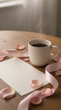 A steaming cup of coffee on a wooden table with pink rose petals, ribbon, and a blank card, evoking a warm, romantic atmosphere.