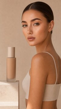 A woman with flawless skin poses beside a beige foundation bottle, highlighting natural beauty and skincare in a minimalist setting.