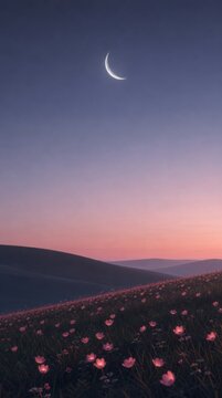 A serene crescent moon hangs over rolling hills blanketed with glowing pink flowers during twilight.