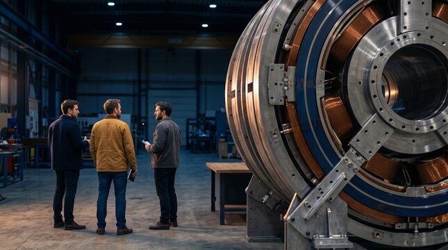 Engineering team views completed superconducting magnet assembly