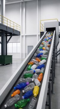 A conveyor belt in a recycling facility transporting multicolored plastic bottles for processing and reuse.