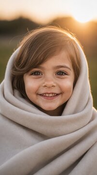 A smiling young child wrapped in a cozy beige blanket, with soft sunlight glowing in the background.
