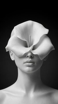 A monochrome portrait of a person with a large, white flower covering their eyes, blending natural beauty with surreal artistic expression.