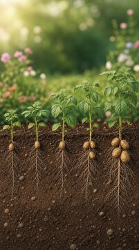 Potato plants at different growth stages, showing roots and tubers developing underground in rich soil with blurred greenery and flowers in the background.