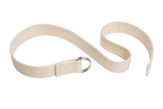 Light beige woven cotton belt with silver-colored D-rings is elegantly arranged on a clean white background