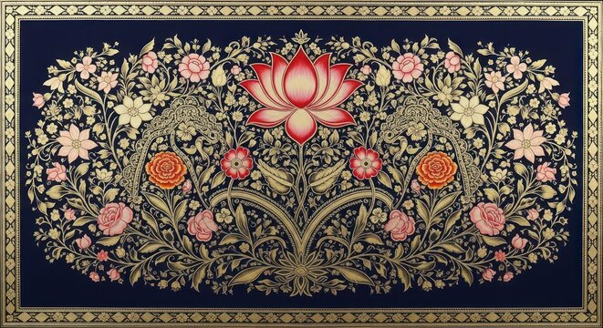Intricate Indian Miniature Painting of Lotus Flower and Floral Motifs.
