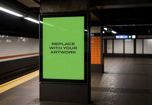 Vertical poster mockup displayed on a column in subway station, realistic advertising display with placeholder screen, urban transit environment, public space branding presentation