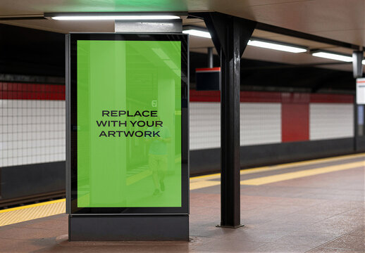 Vertical poster mockup displayed on a subway station platform, realistic advertising display with glass enclosure and interior lighting, public transit environment tiled walls, yellow line