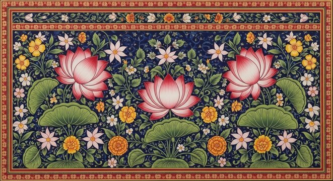 Intricate Indian Miniature Painting of Lotus Flowers and Foliage.