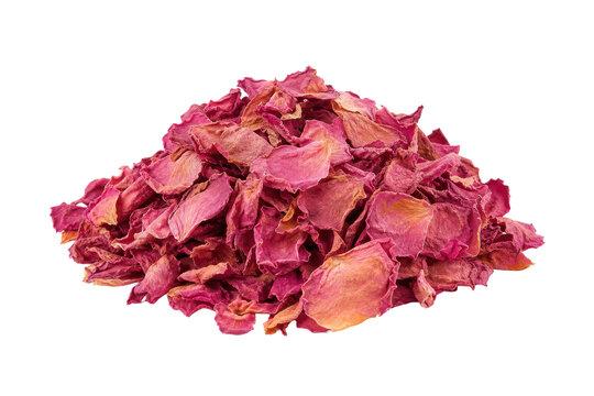 Large pile of vibrant dried rose petals, showcasing various shades of pink and red, isolated on a clean white background