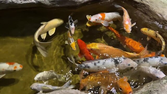Group of Colorful Japanese Koi Carp Swimming in Stone Pond