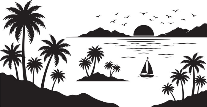 Black and white tropical beach landscape silhouette with palm trees and a sailboat at sunset