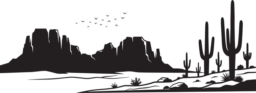 Black and white desert landscape silhouette with saguaro cacti and rocky mountains in a minimalist vector style