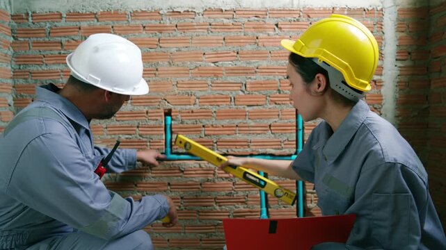Two construction engineers inspecting indoor plumbing pipe installation