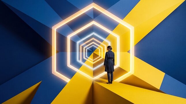 Businesswoman Standing Before Glowing Futuristic Hexagonal Portal Tunnel