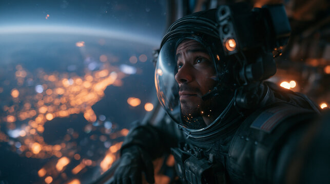 Astronaut Looking at Earth from Space Station Window