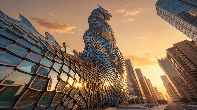 Futuristic Dragon Shaped Skyscraper in Modern Cityscape at Sunset