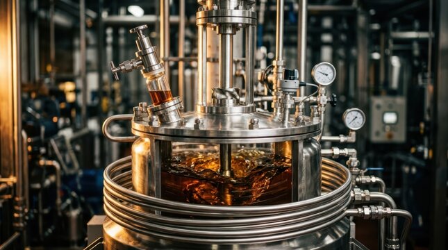Gleaming stirred-tank reactor with amber liquid, stainless agitator shaft, sampling port, and coiled tubing in a chemical production facility.