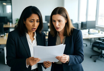 Obraz premium Corporate crisis and business failure, two shocked businesswomen reading bad news on a document in a modern office environment with expressions of worry