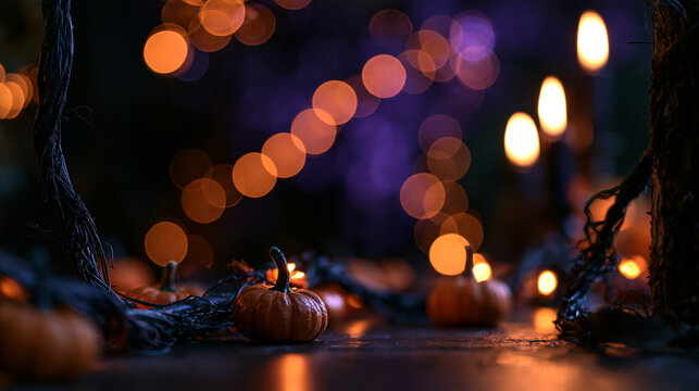Halloween Pumpkins with Atmospheric Bokeh and Candlelight Background