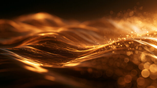 Abstract Golden Wave Background with Glowing Particles and Bokeh