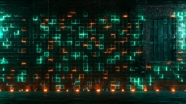 Futuristic Neon Digital Grid on Dark Brick Wall
