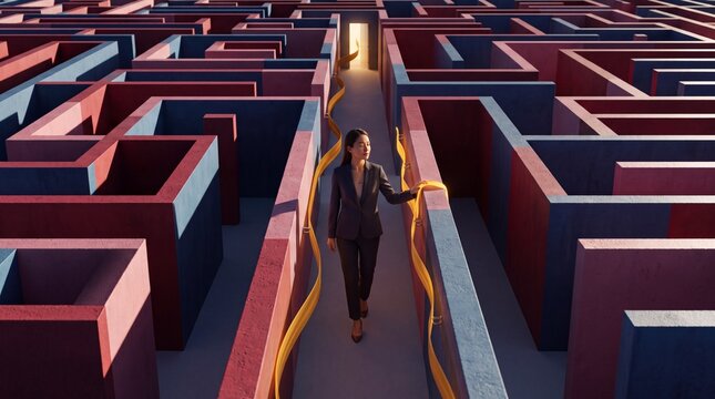 Businesswoman Finding Way Through Complex Labyrinth Solution Concept