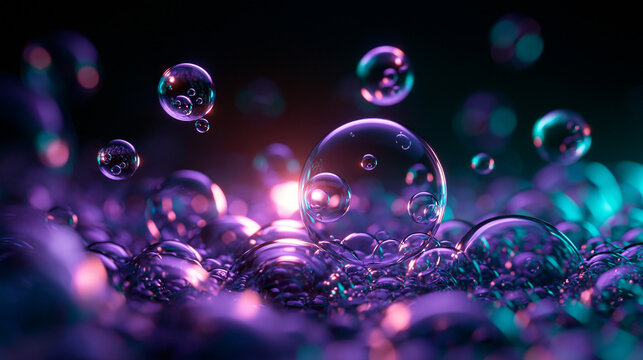 Glowing Neon Bubbles Floating in Purple Liquid Abstract Background