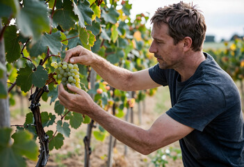 Obraz premium Sustainable viticulture and organic farming, farmer inspecting white grapes in a vineyard during harvest season for wine production and agricultural industry