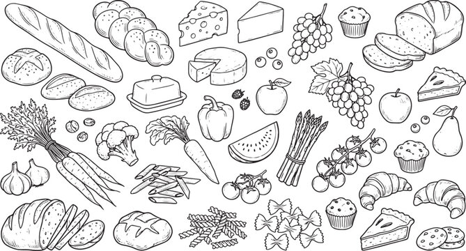 Hand drawn food collection featuring bread vegetables fruits cheese and pasta in a black and white sketch style