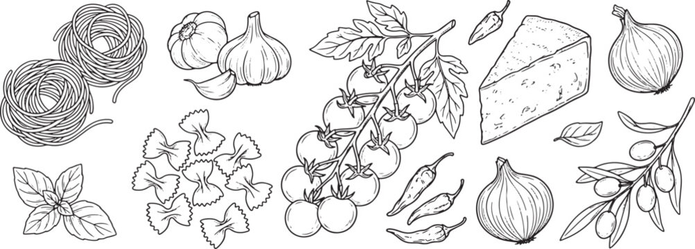 Hand drawn italian food ingredients set with pasta tomatoes cheese and herbs in black and white sketch style