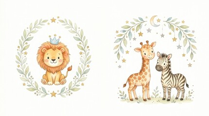 Naklejka premium Cute Watercolor Safari Animals Set with Baby Lion, Giraffe, and Zebra for Nursery Decor and Baby Shower Invitations