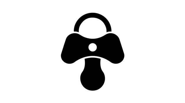 Minimalist baby pacifier icon, black silhouette of infant dummy on white background, simple newborn soother symbol for nursery branding
