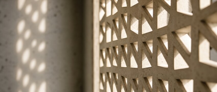 Architectural Light: Concrete wall with perforated screen casting geometric patterns through ambient light 