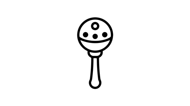 Minimalist baby rattle icon, black line art infant toy illustration, simple nursery rattle symbol on white background