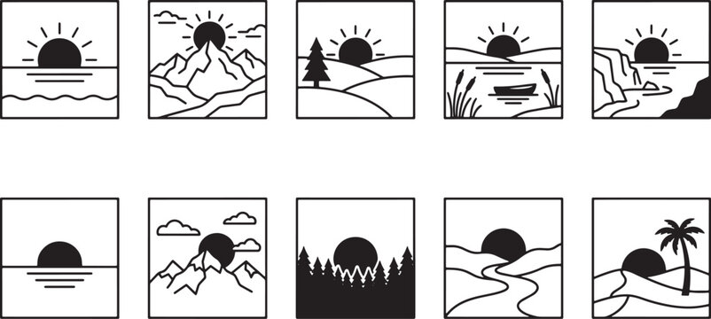 Set of ten minimalist landscape icons featuring sunrises and sunsets in a clean black and white vector style