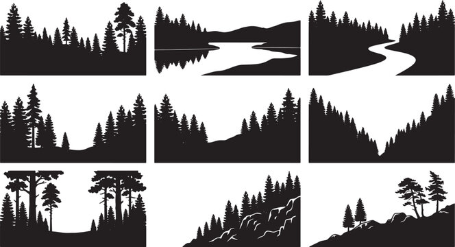 Set of black forest landscape silhouettes featuring pine trees and mountain scenery in vector graphic style