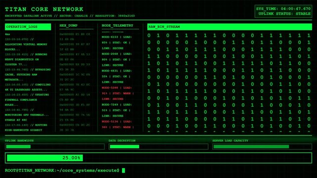 Titan Core Network Hacker Terminal Data Stream Animation.