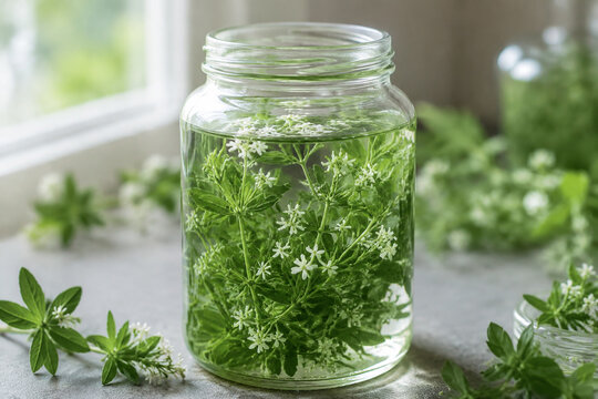 Fresh sprigs of sweet woodruff submerged in clear liquid in a jar.