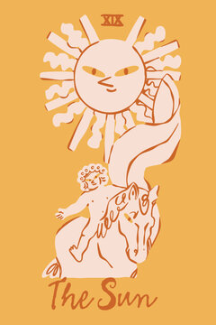 The Sun. Tarot Card. Major arcana. Unique colorful style. Trendy design. Hand drawn modern Vector illustration. Spiritual sign. Occult, alchemy, esoteric, magic mystery, prediction concept