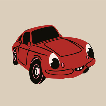 Red classic sport Car. Cartoon vehicle with eyes. Cute funny character. Retro comic style. Hand drawn trendy Vector illustration. Isolated design element. Cool sticker, logo, print, poster template