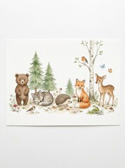 Fototapeta premium Cute Watercolor Woodland Animals Illustration with Bear, Fox, Deer, Wolf, and Hedgehog in a Forest Setting for Nursery Decor