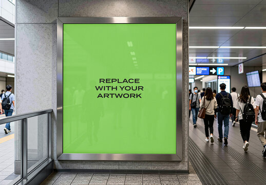 Vertical poster mockup with placeholder screen displayed in a modern transit station, realistic advertising display an indoor public space people walking