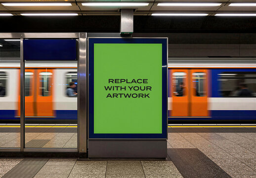 Vertical poster mockup displayed on a station platform with moving train in motion blur, realistic advertising display public transit environment, urban transportation setting